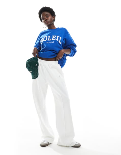 4th & Reckless cotton embroidered logo seam detail wide leg joggers in cream - view 1