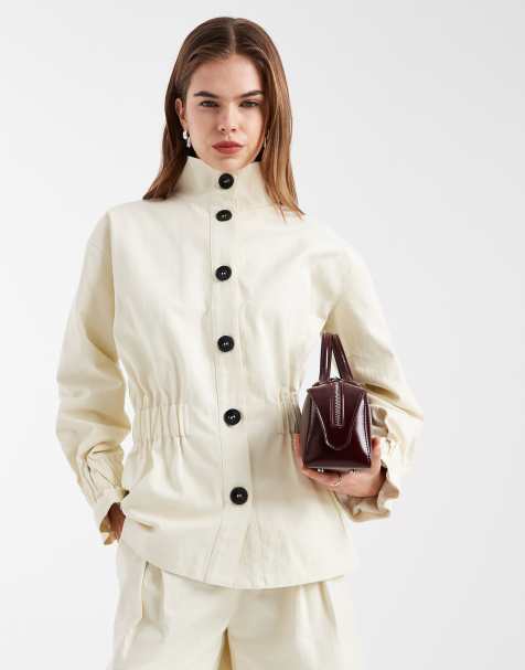4th & Reckless cotton funnel neck button through shirred waist detail waist jacket co-ord in cream - view 1