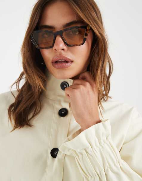 4th & Reckless cotton funnel neck button through shirred waist detail waist jacket in cream (part of a set) - view 1