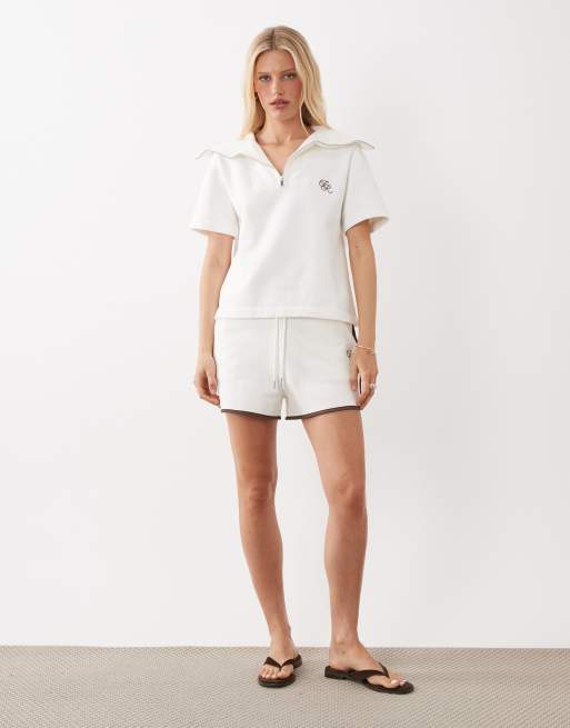 4th & Reckless cotton multiway zip through detail logo embroidered polo top in white, part of a set, 2 of 4