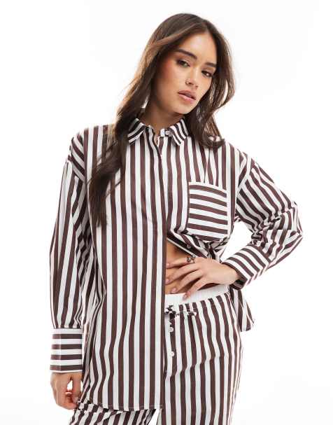 4th & Reckless cotton oversized pocket detail shirt in brown stripe - part of a set - view 1