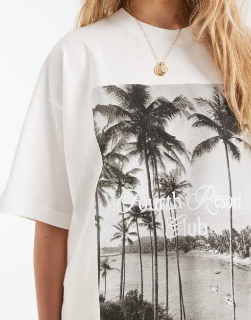 4th & Reckless cotton oversized t-shirt with beach palm tree graphic in cream, 3 of 4