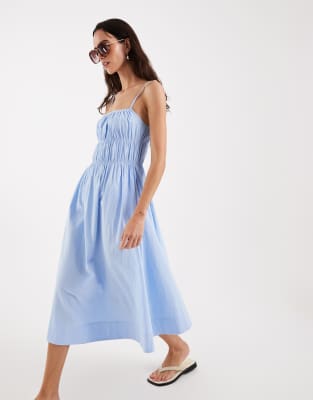 4th & Reckless cotton poplin shirred cami midaxi dress in baby blue