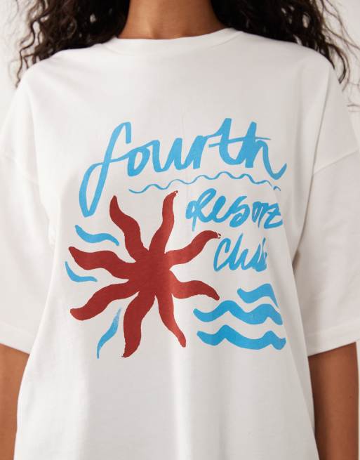 4th & Reckless cotton 'resort club' graphic oversized t-shirt in cream, 4 of 4