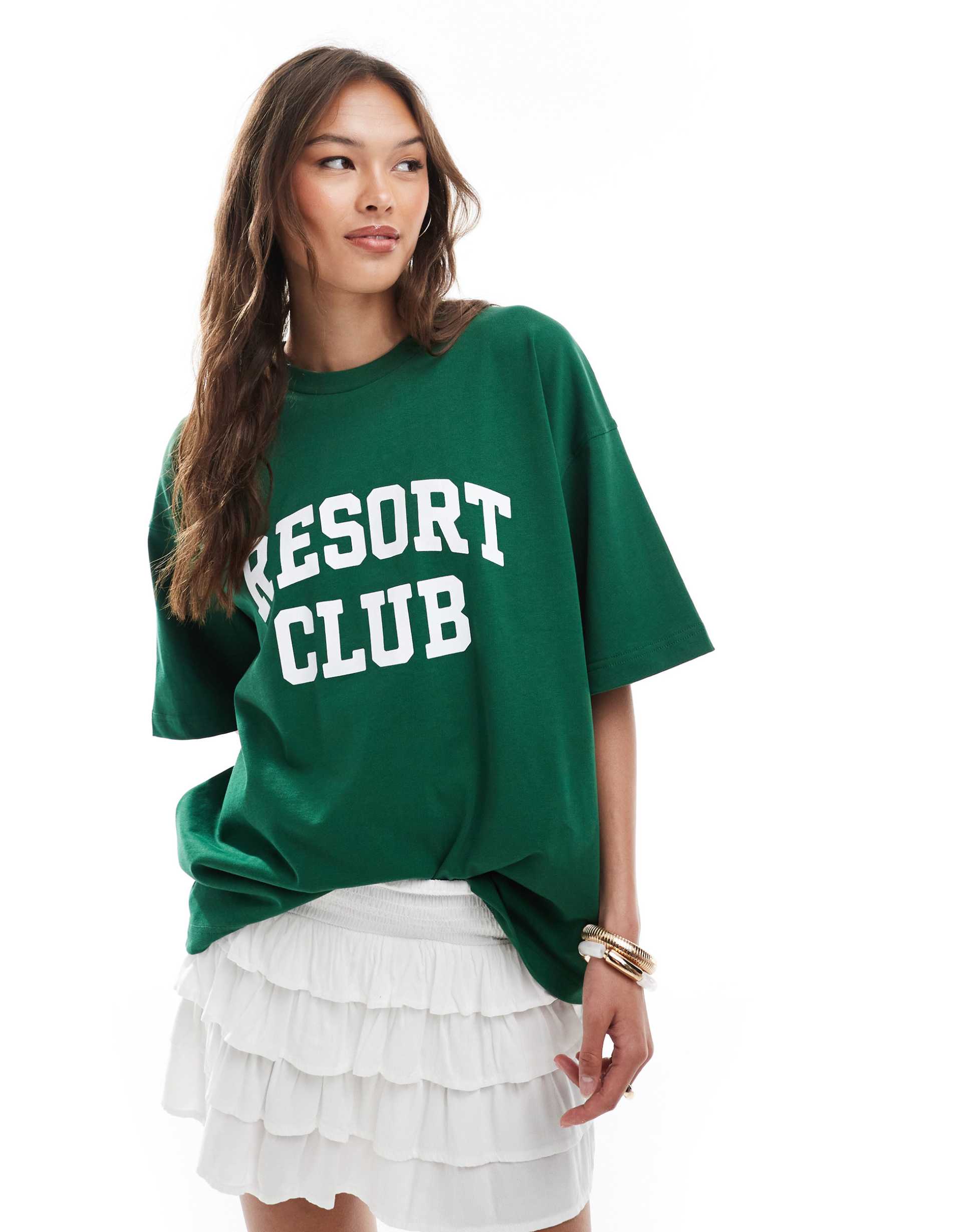 4th & reckless cotton resort club printed graphic oversized t-shirt in green
