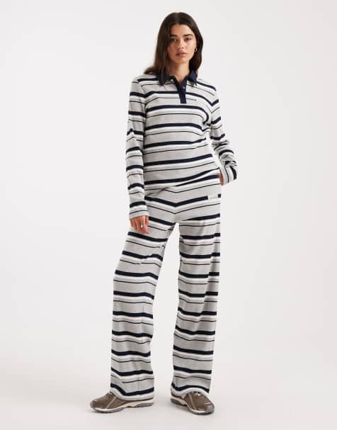 4th & Reckless cotton ribbed logo detail ribbed elasticated waist wide leg pants in navy and grey stripe (Part of a set) - view 1