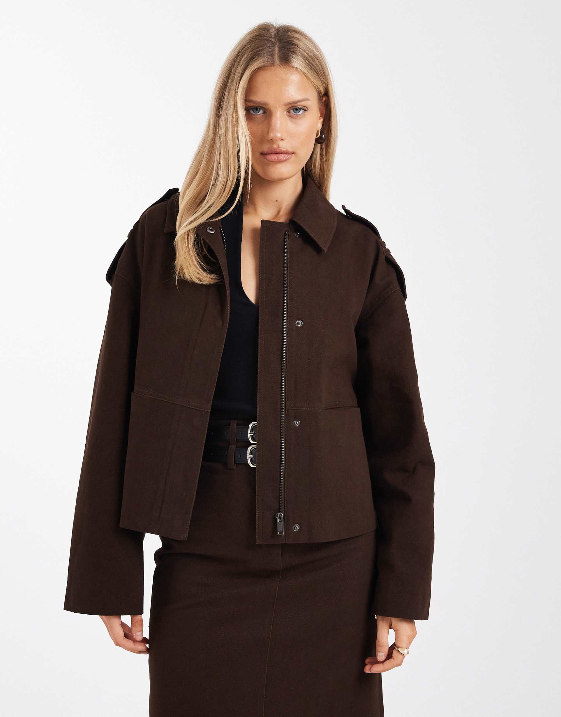 4th & reckless cotton rich buckle detail zip up harrington jacket in chocolate - part of a set