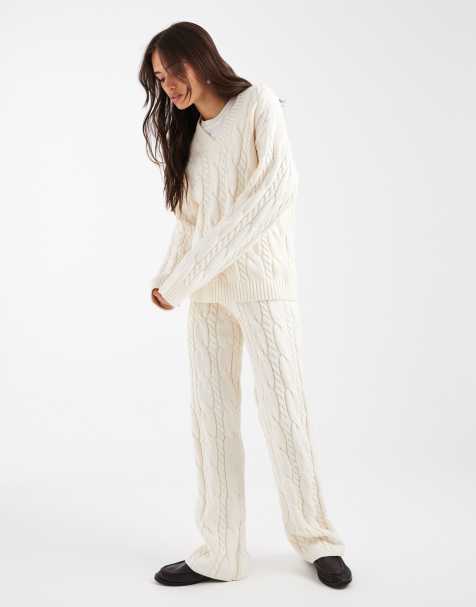 4th & Reckless cotton rich cable knit v neck jumper and pants set in cream - view 1