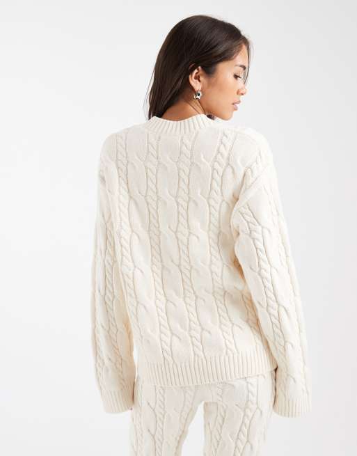 4th & Reckless cotton rich cable knit v neck jumper co-ord in cream