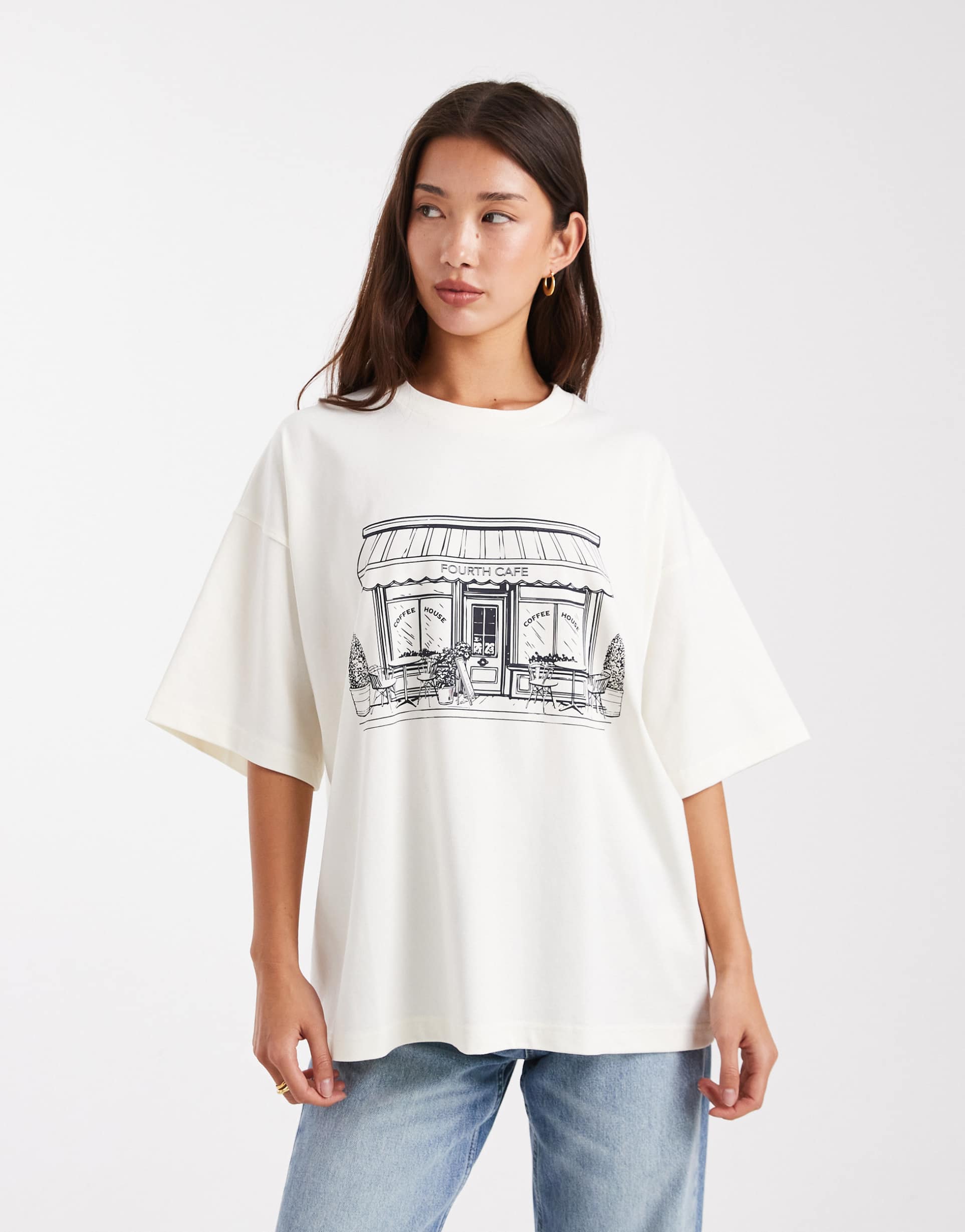 4th & reckless cotton rich cafe graphic oversized t-shirt in white