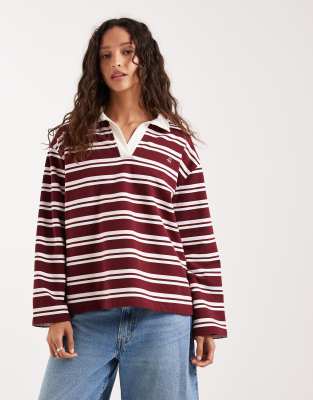 4th & Reckless Cotton Rich Collared Long Sleeve Embroidered Logo Rugby Top In Burgundy