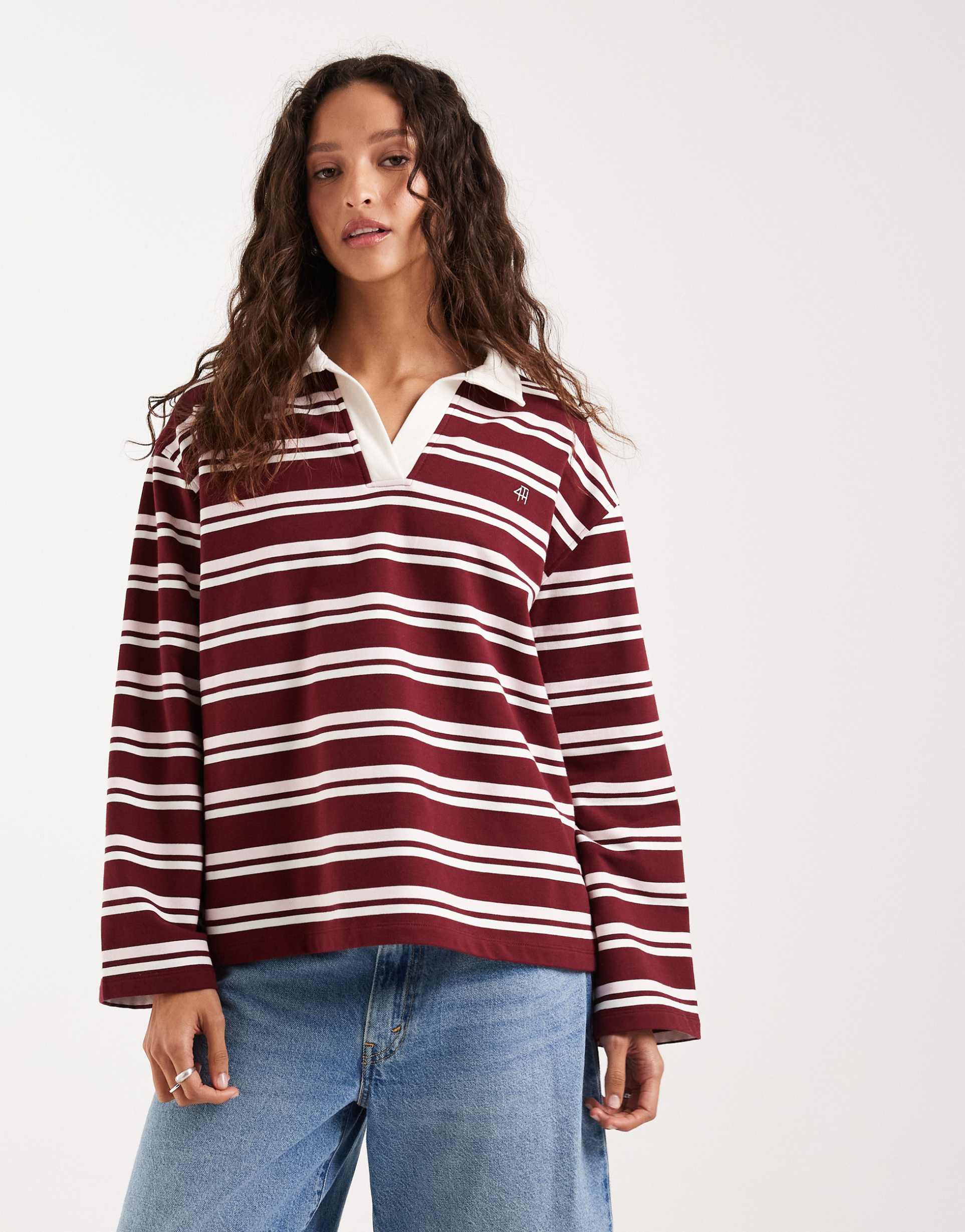 4th & reckless cotton rich collared long sleeve embroidered logo rugby top in burgundy and pink stripe