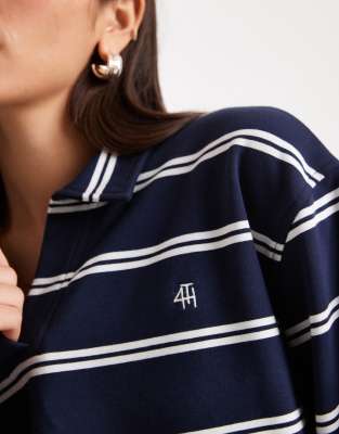 4th & Reckless Cotton Rich Collared Long Sleeve Embroidered Logo Rugby Top In Blue