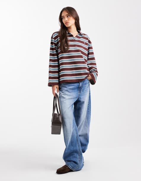 4th & Reckless cotton rich collared long sleeve wide sleeve rugby top in chocolate & blue stripe - view 1