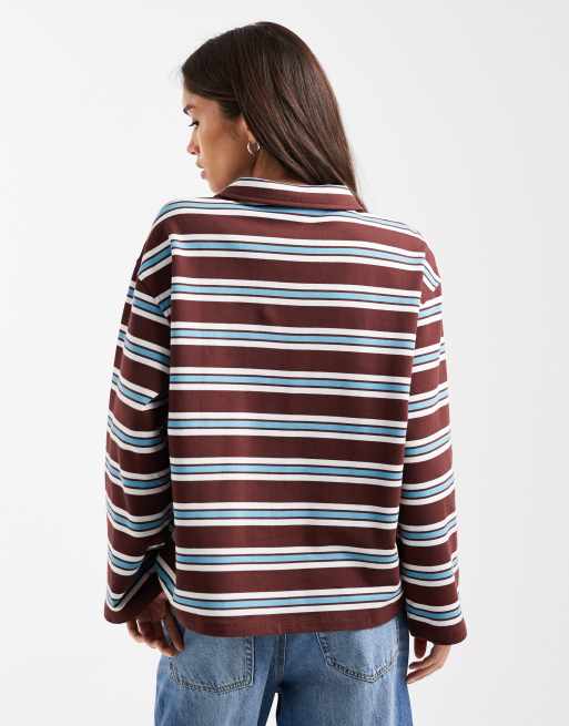 4th & Reckless cotton rich collared long sleeve wide sleeve rugby top in chocolate & blue stripe, 4 of 4