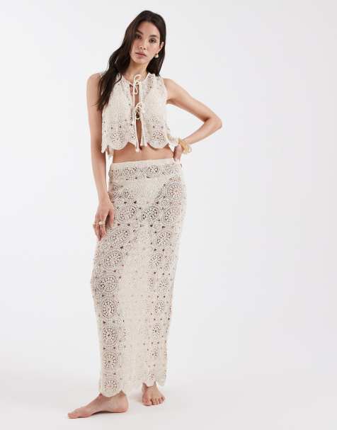 4th & Reckless cotton rich crochet floral tie front cropped beach waistcoat and maxi skirt  co-ord in beige - view 1