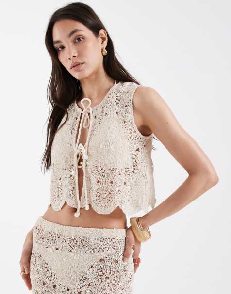 4th & Reckless cotton rich crochet floral tie front cropped beach waistcoat co-ord in beige - view 1
