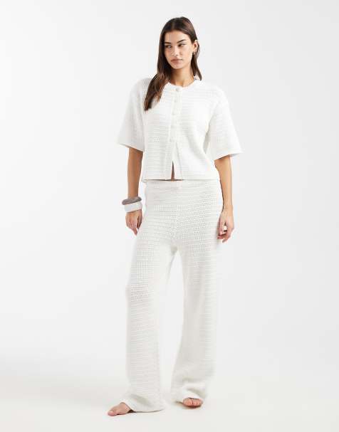 4th & Reckless cotton rich crochet knit button through cropped beach shirt and beach trousers co-ord in white - view 1