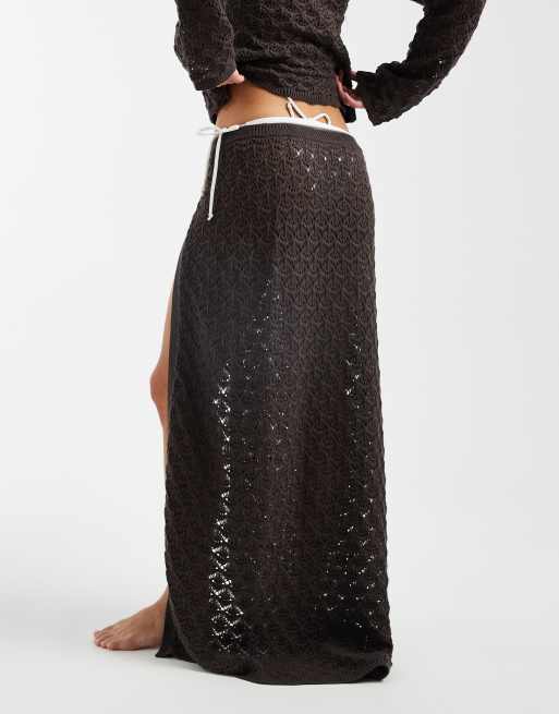 4th & Reckless cotton rich crochet knit metal detail side split maxi beach skirt co-ord in chocolate, 4 of 5
