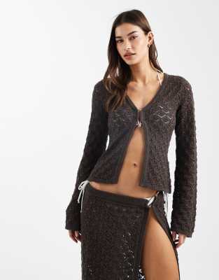 4th & Reckless Cotton Rich Crochet Knit Ring Detail Flare Sleeve Beach Top Co-ord In Gray