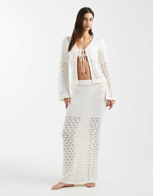 4th & Reckless cotton rich crochet tie front wide sleeve beach top in white (part of a set), 2 of 4
