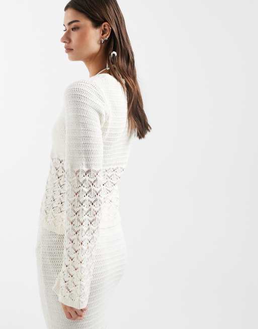 4th & Reckless cotton rich crochet tie front wide sleeve beach top in white (part of a set), 4 of 4