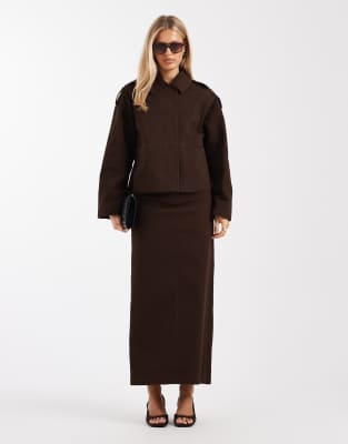 4th & Reckless cotton rich double belt detail column maxi skirt co-ord in chocolate