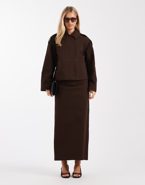 4th & Reckless cotton rich double belt detail column maxi skirt co-ord in chocolate - view 1