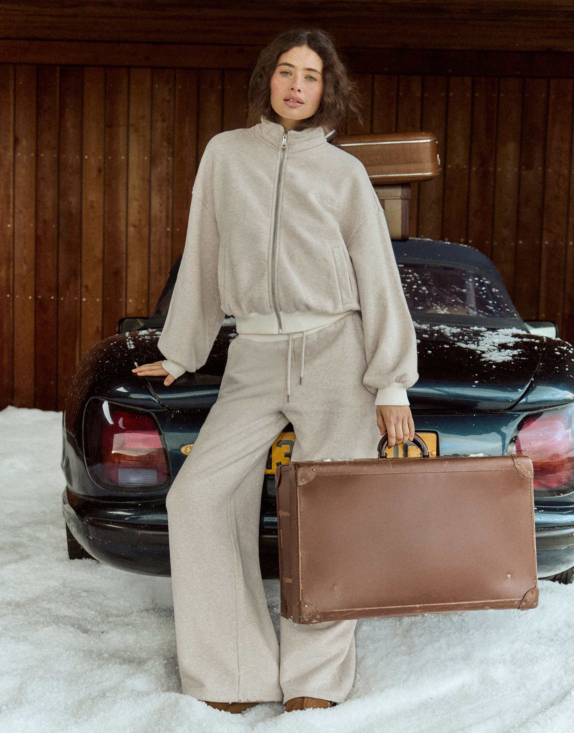 4th & reckless cotton rich elasticated waistband wide leg relaxed sweatpants in oat heather - part of a set