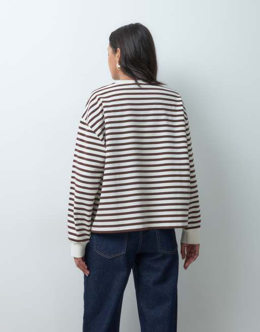 4th & Reckless cotton rich embroidered logo crew neck oversized long sleeve oversized t-shirt in brown & cream stripe, 3 of 5