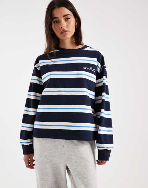 4th & Reckless cotton rich embroidered logo crew neck oversized long sleeve oversized t-shirt in navy stripe - view 1