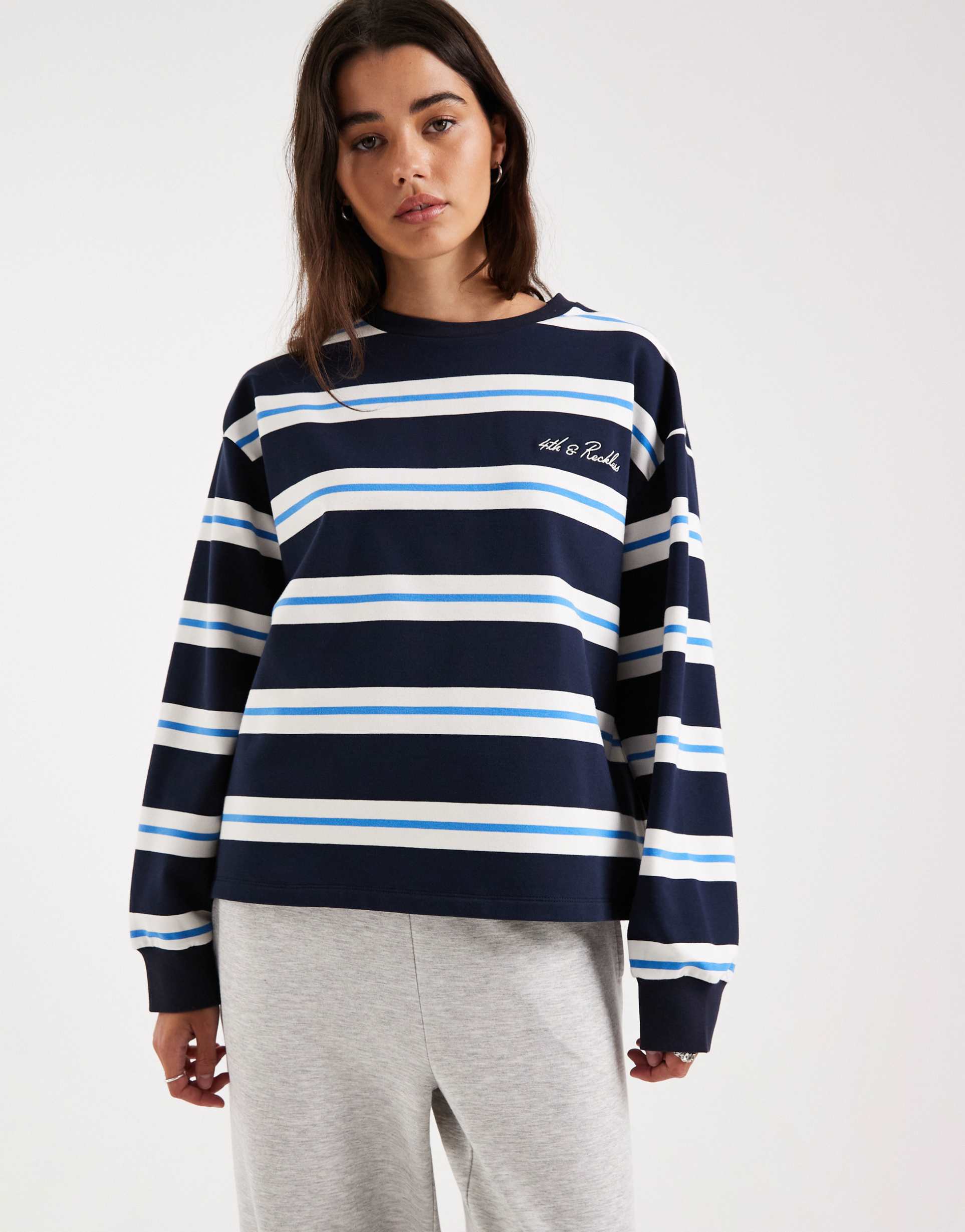 4th & reckless cotton rich embroidered logo crew neck oversized long sleeve oversized t-shirt in navy stripes