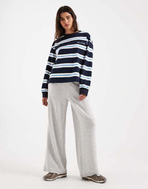 4th & Reckless cotton rich embroidered logo crew neck oversized long sleeve oversized t-shirt in navy stripes, 2 of 4