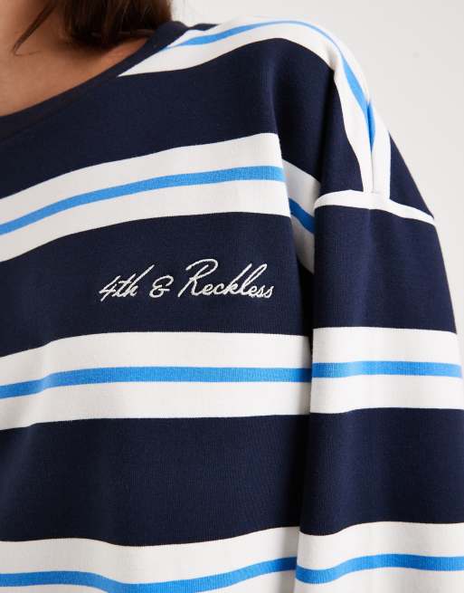 4th & Reckless cotton rich embroidered logo crew neck oversized long sleeve oversized t-shirt in navy stripes, 3 of 4