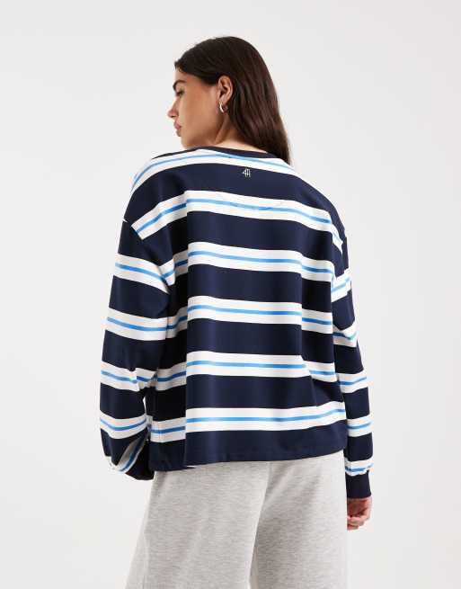 4th & Reckless cotton rich embroidered logo crew neck oversized long sleeve oversized t-shirt in navy stripes, 4 of 4
