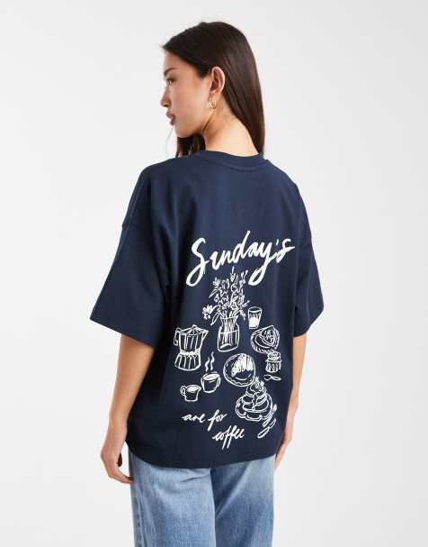 4th & Reckless cotton rich embroidered logo 'Sunday' back graphic oversized t-shirt in navy - view 1