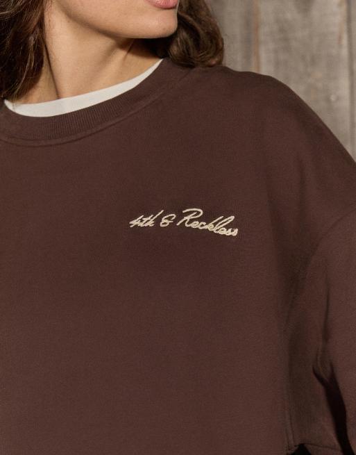 4th & Reckless cotton rich embroidered logo sweatshirt in chocolate - part of a set, 2 of 4