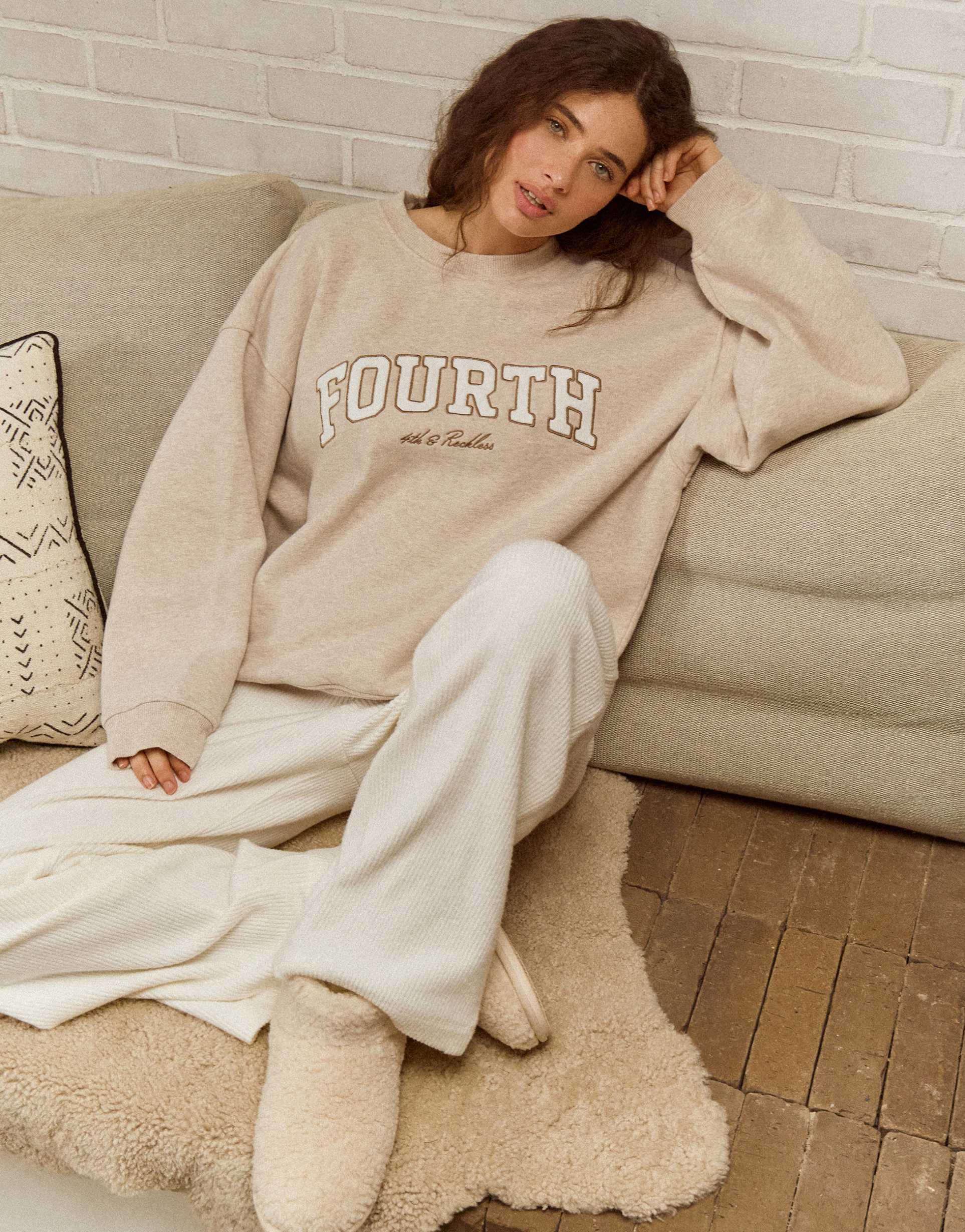 4th & reckless cotton rich 'fourth' boucle logo stitch sweatshirt in oatmeal
