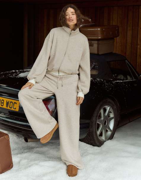 4th & Reckless cotton rich funnel neck zip through sweatshirt and wide leg relaxed jogger co-ord in oat marl - view 1