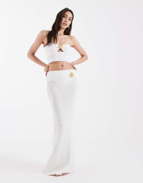 4th & Reckless cotton rich knit fold over gold shell hardware detail beach maxi skirt in white - part of a set - view 1