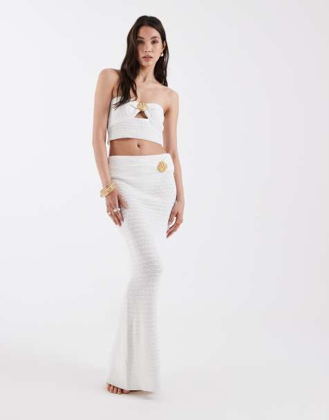 4th & Reckless cotton rich knitted cutout front gold shell hardware beach cropped top and maxi skirt co-ord in white - view 1