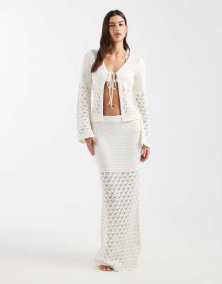 4th & Reckless cotton rich multi crochet maxi beach skirt co-ord in white
