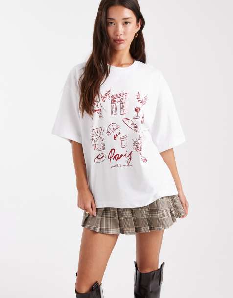 4th & Reckless cotton rich 'Paris' icon graphic oversized t-shirt in white - view 1