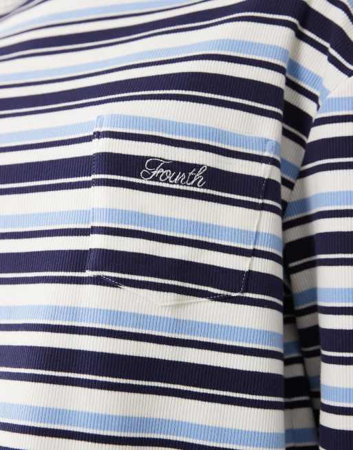 4th & Reckless cotton rich pocket front embroidered logo wide sleeve t-shirt co-ord in navy stripe, 2 of 4
