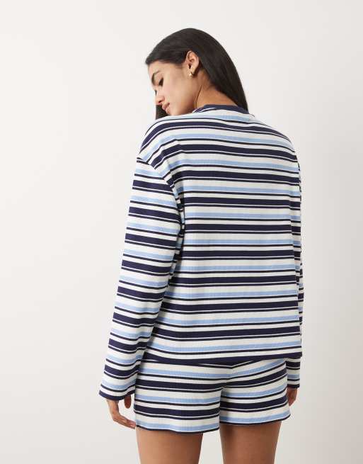 4th & Reckless cotton rich pocket front embroidered logo wide sleeve t-shirt set in navy stripe, 4 of 4