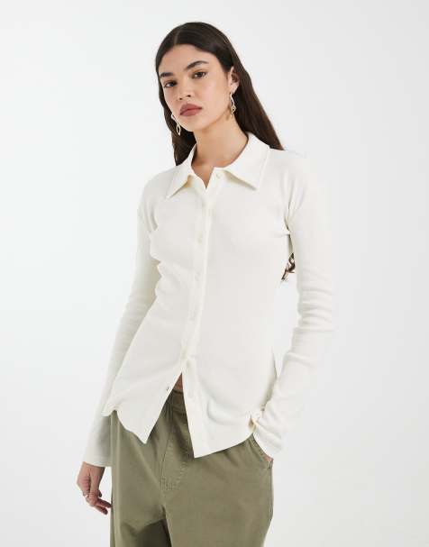 4th & Reckless cotton rich rib knit collared button up top in cream - part of a set - view 1