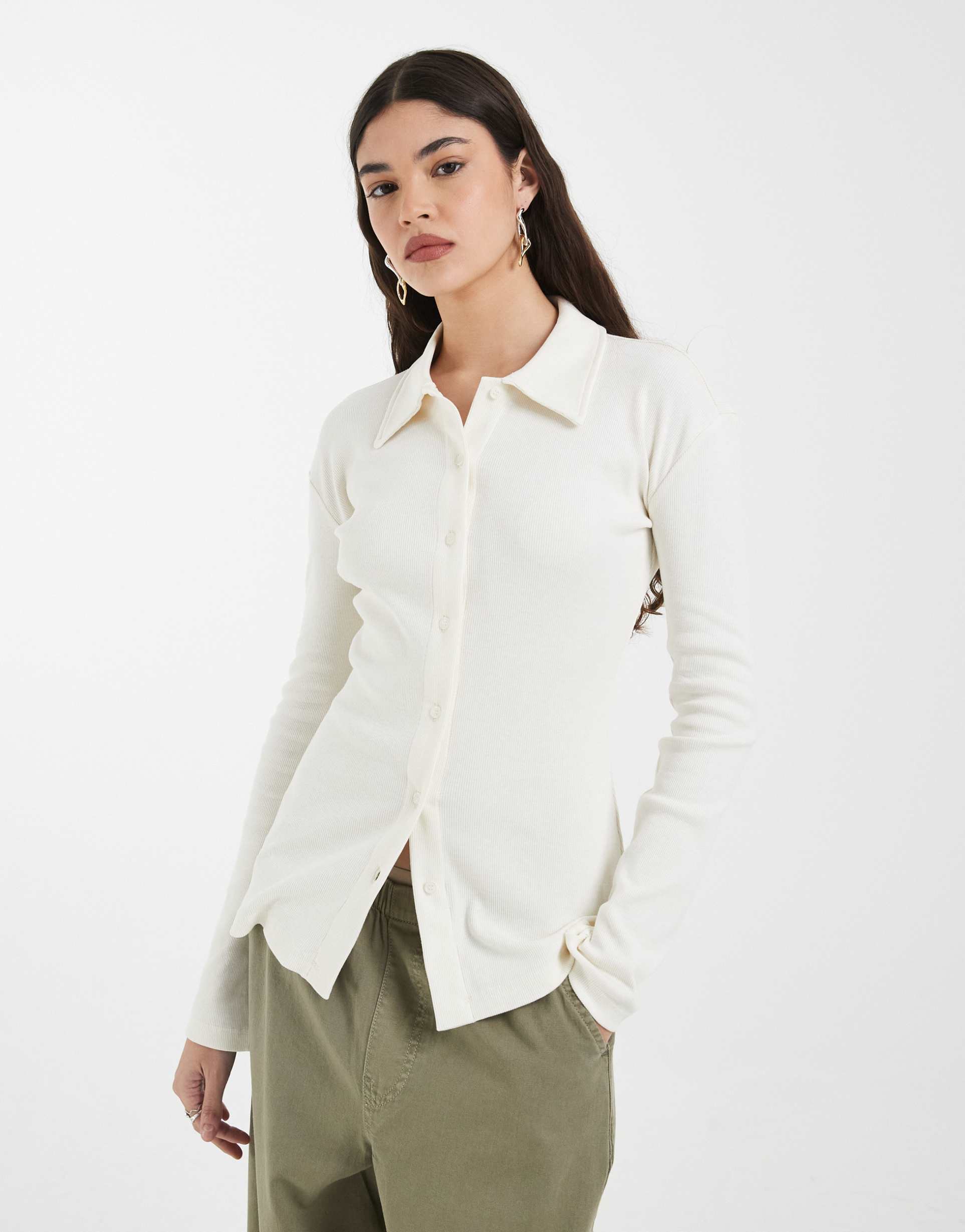 4th & reckless cotton rich rib knit collared button up top in cream - part of a set