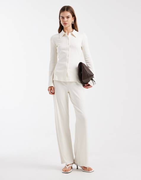 4th & Reckless cotton rich ribbed collared button through top and wide leg relaxed trousers co-ord in cream - view 1