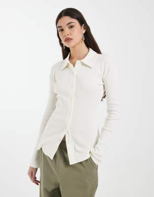 4th & Reckless Cotton Rich Ribbed Collared Button Through Top Co-ord In White