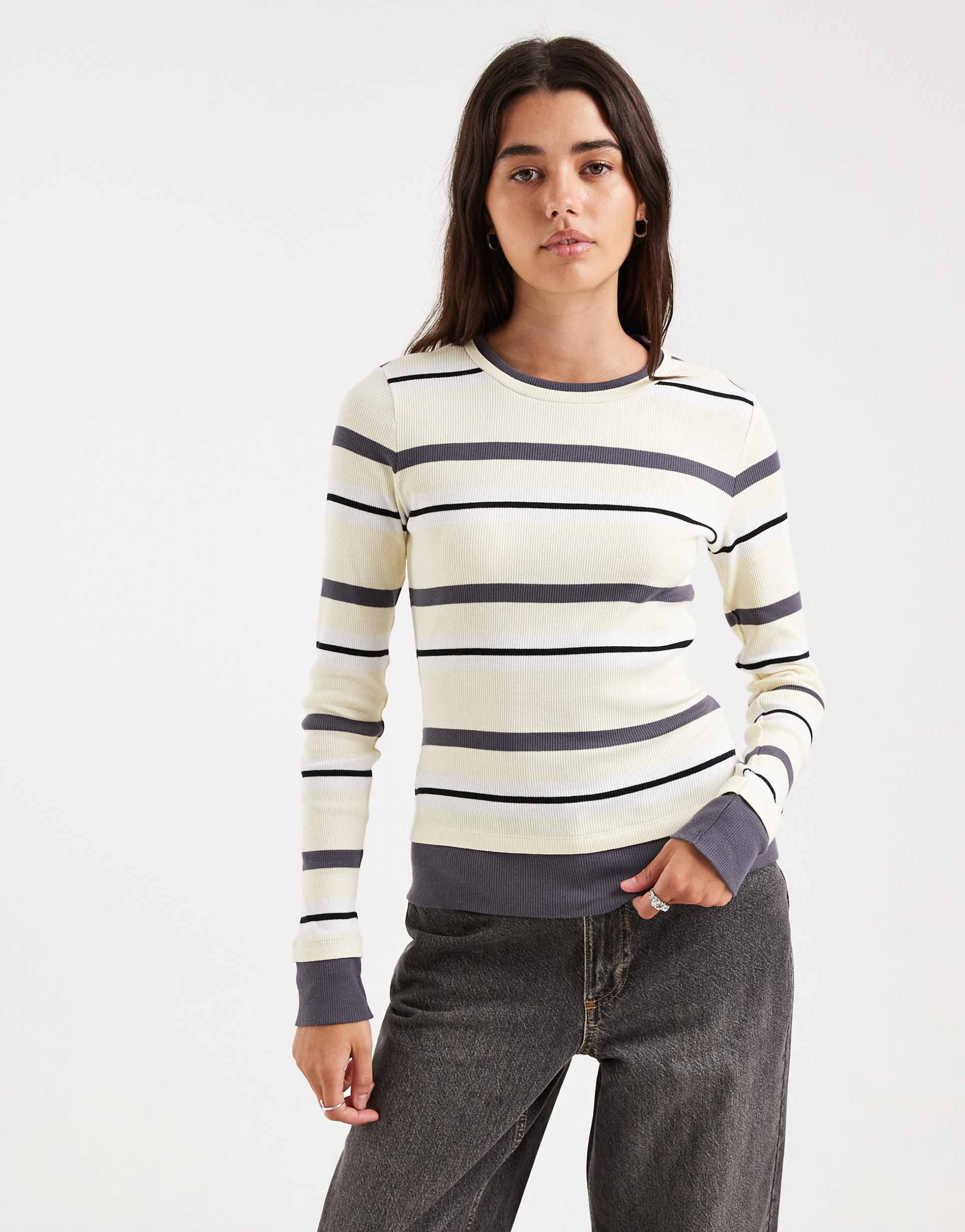 4th & reckless cotton rich ribbed crew neck long sleeve t-shirt in cream stripes